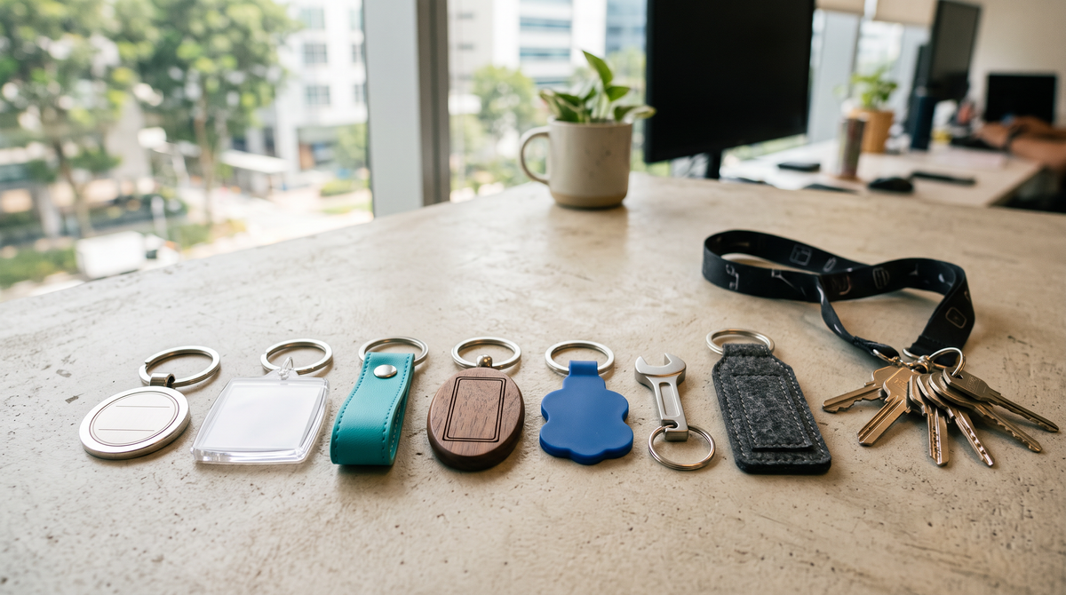 Custom keychain options in Singapore: metal, acrylic, PU leather, wood, silicone, felt and multi-tool keychains