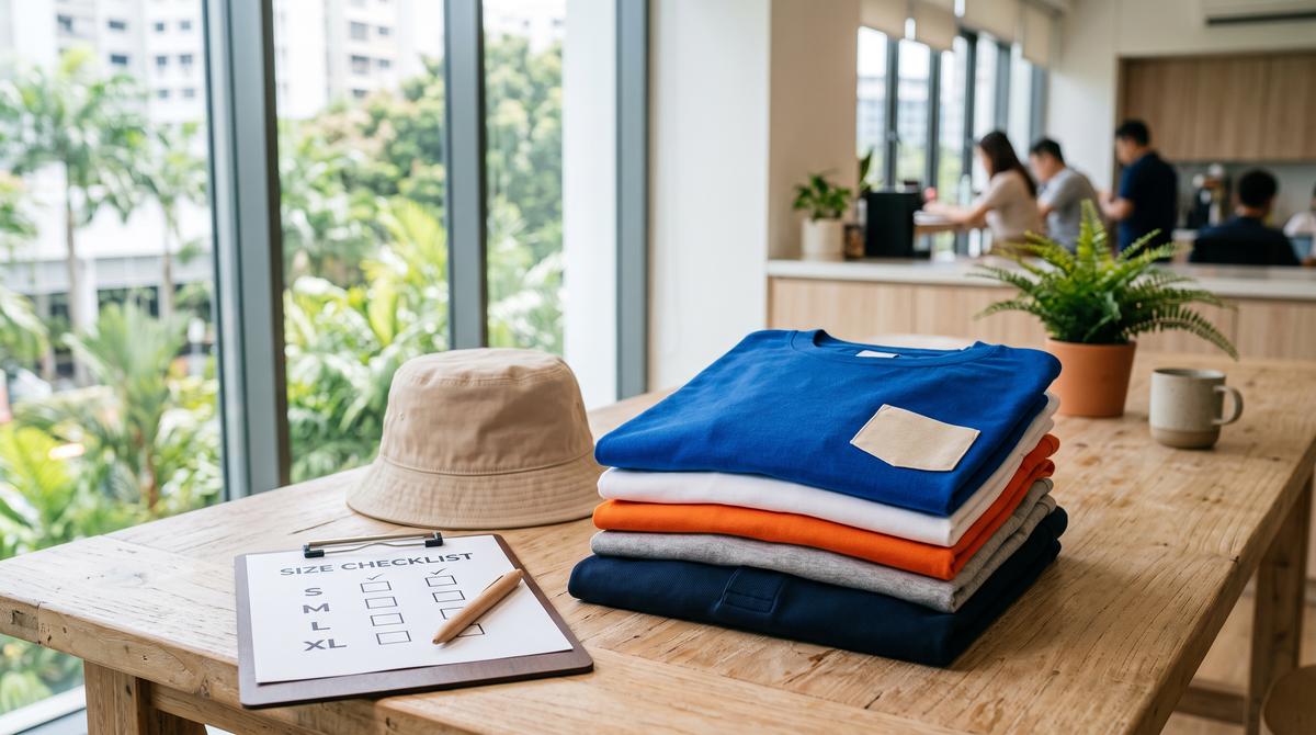 Stack of customised T-shirts and a polo shirt in solid colours prepared for a company event in Singapore
