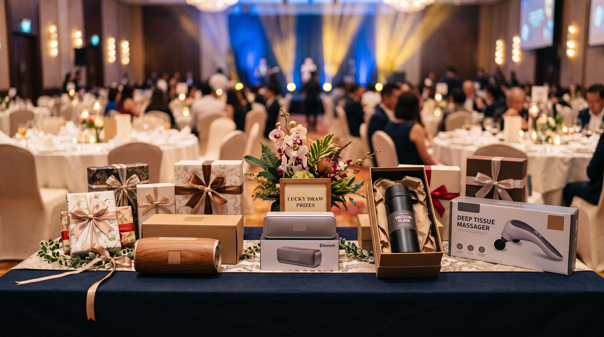 D&D lucky draw prizes for a Singapore company dinner: speakers, gift boxes and drinkware on a prize table