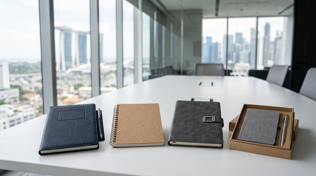 Custom notebook options in Singapore: PU leather A5, kraft coil, loose-leaf and A6 notebook gift box