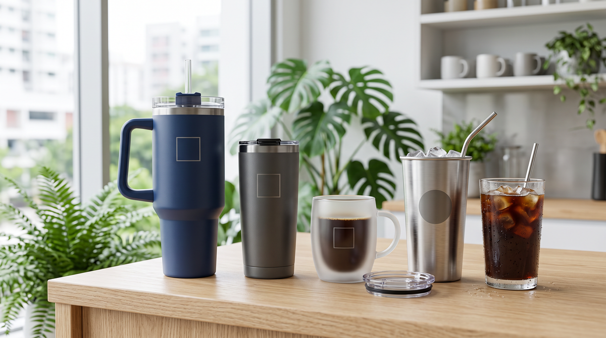 Custom tumbler options in Singapore: powder-coated tumbler with handle, car tumbler, frosted coffee cup and ice cup