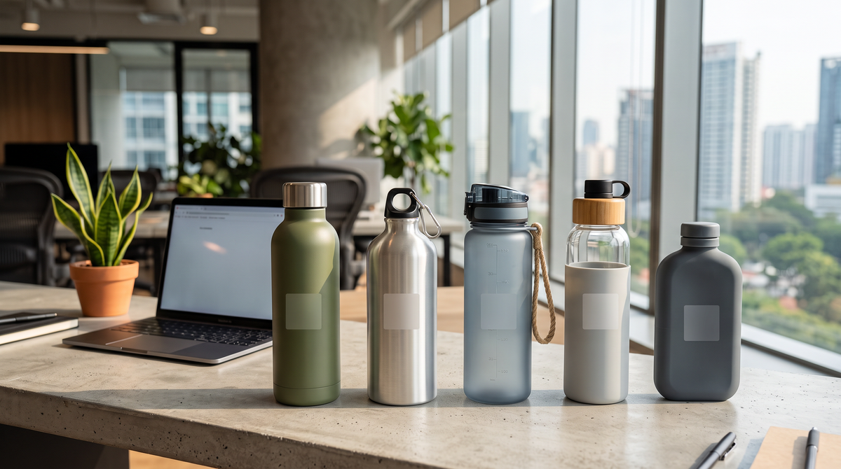 Custom water bottles in stainless steel, aluminium, plastic, glass and silicone lined up on an office desk in Singapore