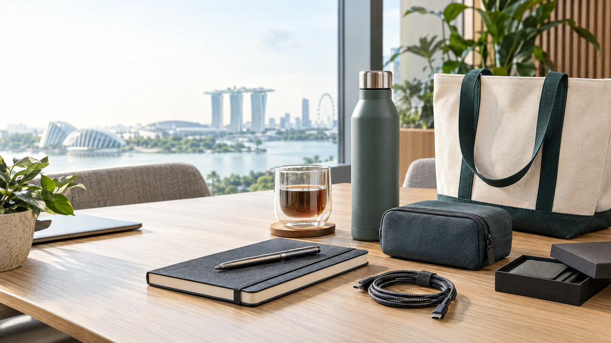 Practical corporate gift ideas arranged for a Singapore business: drinkware, a notebook and pen, a carry bag, a tech pouch and a presentation box.