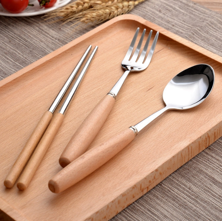 Custom Logo Wheat Wooden Handle Stainless Steel Eco-friendly Tableware 3-Piece Set | Premium Corporate Gifts and Custom Gifts