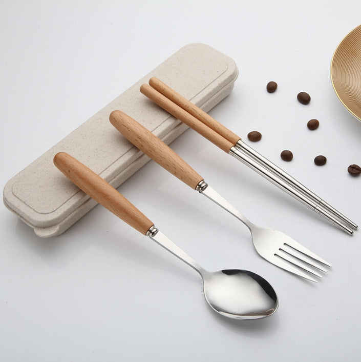 Custom Logo Wheat Wooden Handle Stainless Steel Eco-friendly Tableware 3-Piece Set | Premium Corporate Gifts and Custom Gifts
