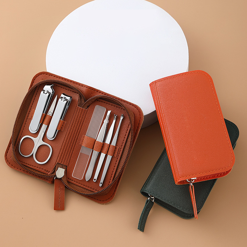 Nail Clipper Seven-piece Leather Bag printed with a company logo, corporate gift
