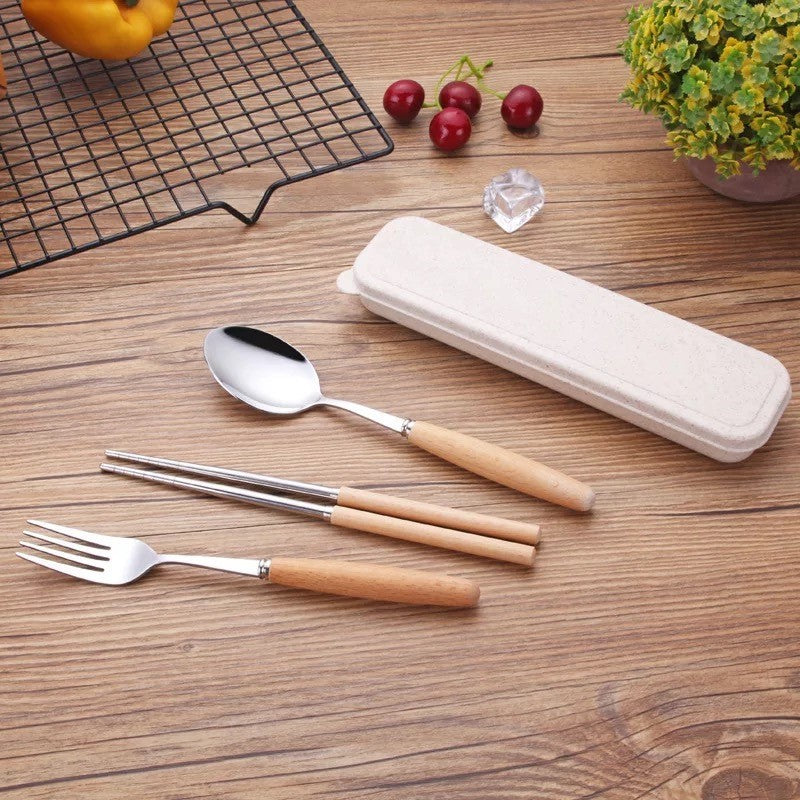 Custom Logo Wheat Wooden Handle Stainless Steel Eco-friendly Tableware 3-Piece Set | Premium Corporate Gifts and Custom Gifts
