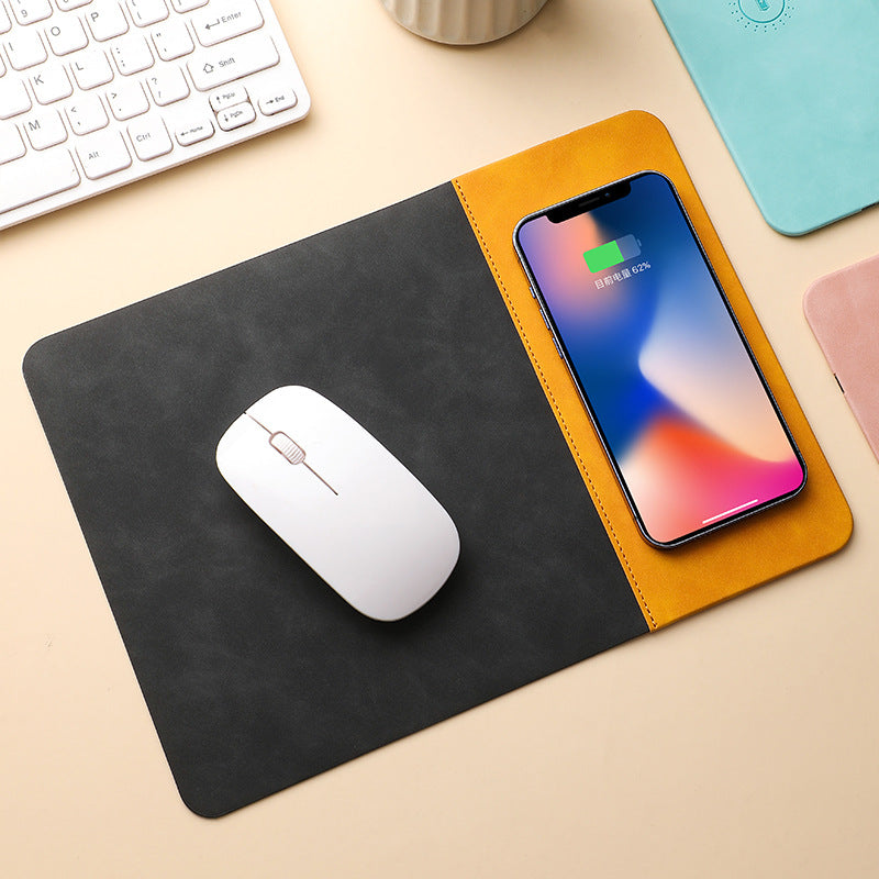 Leather Smart Mouse Charging Pad printed with a company logo, corporate gift