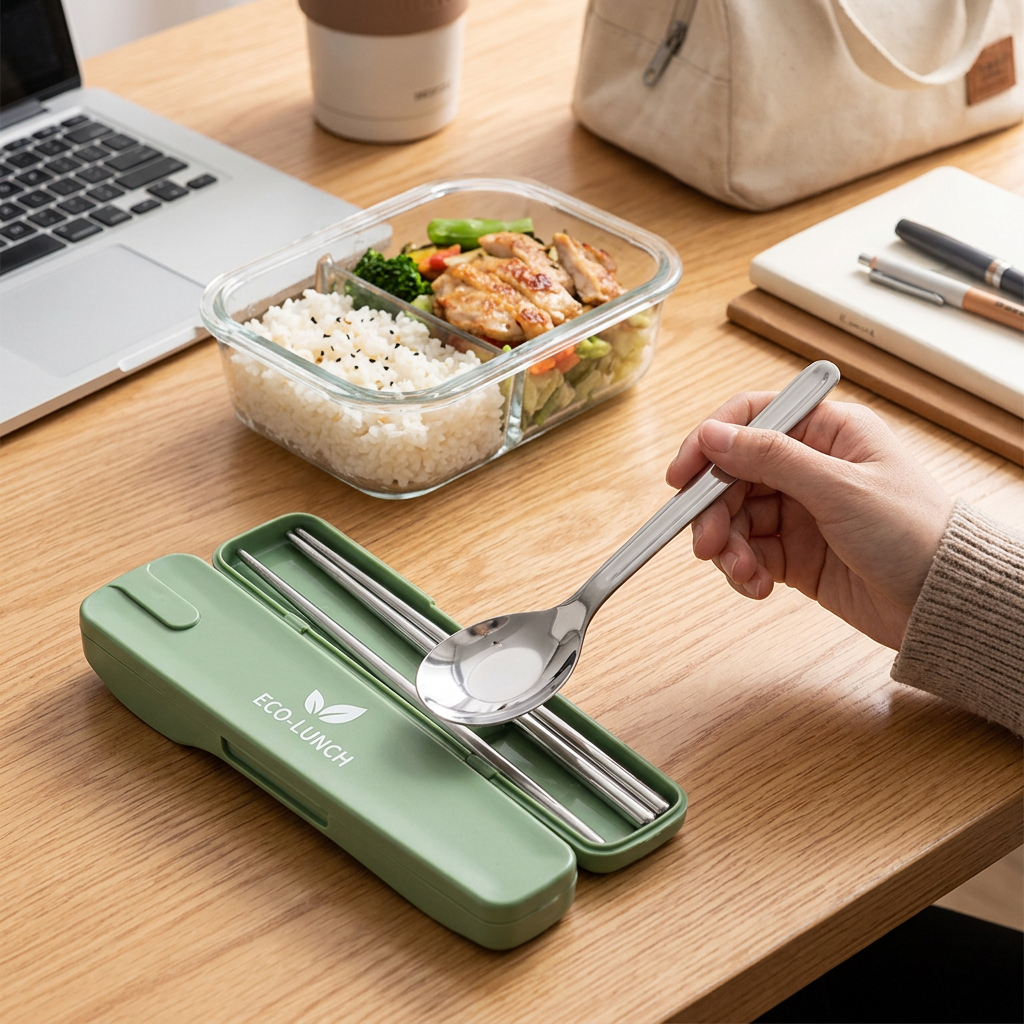 Custom Logo 304 Stainless Steel Flat-Bottom Spoon & Chopsticks Set