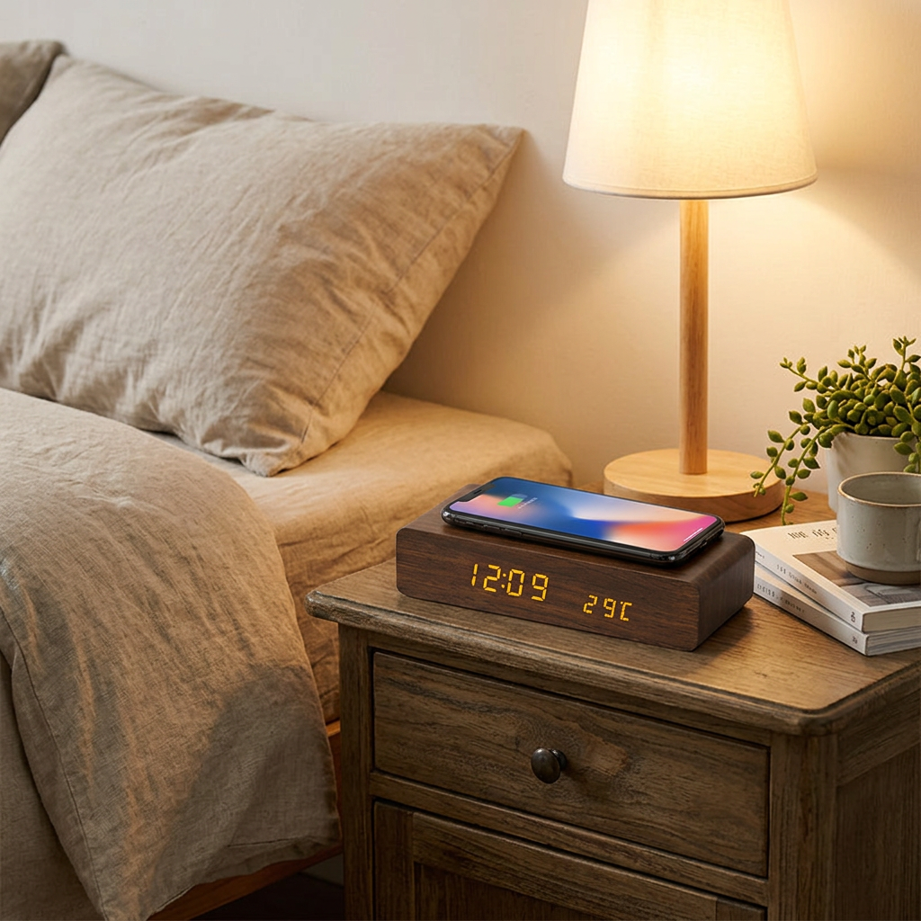 Custom Logo Multifunctional Wireless Charging Wooden Clock