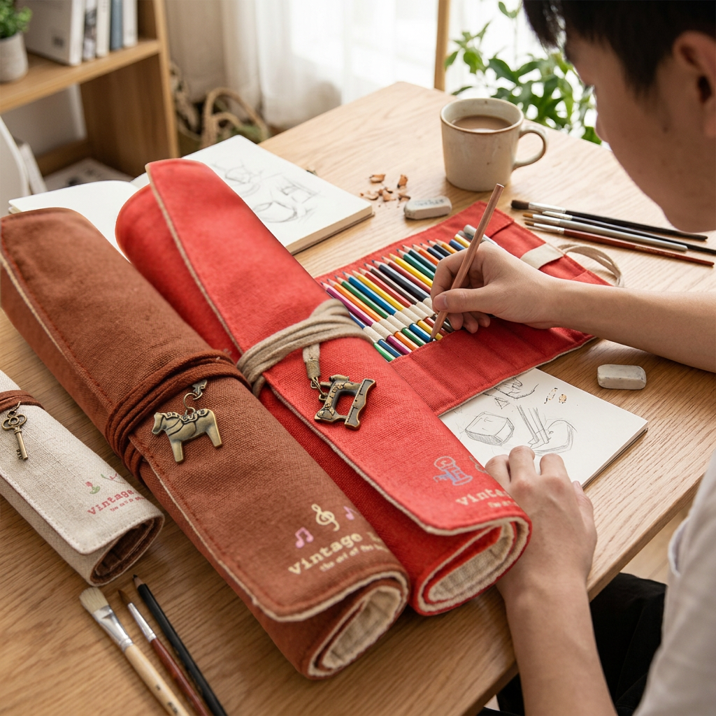Custom Logo Canvas Retro Scroll Shaped Pencil Bag