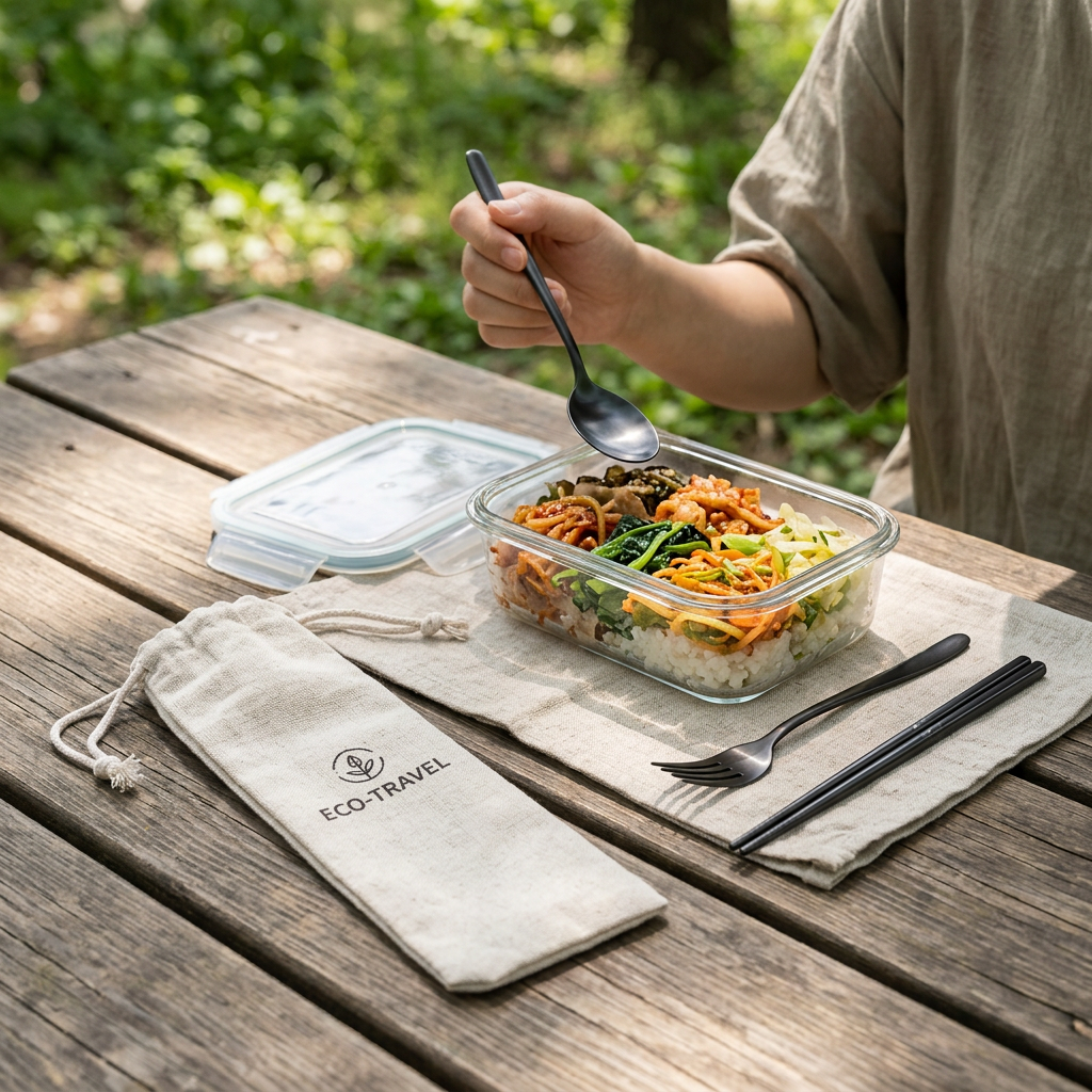 Custom Logo Korean Drawstring Bag Stainless Steel Tableware 3-piece Set