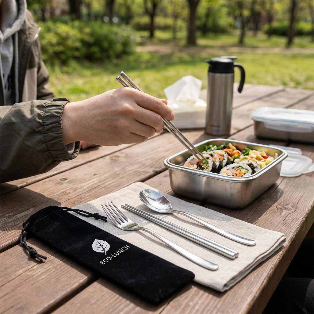 Custom Logo Korean Stainless Steel Tableware 3-piece Set (black Drawstring Pocket)
