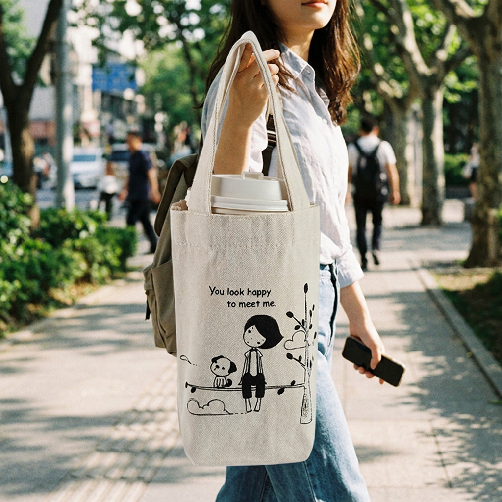 Custom Logo Canvas Cup Bag (with Bottom and No Sides)