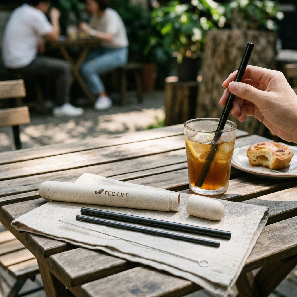 Custom Logo Eco-friendly Wheat Storage Box Stainless Steel Straw Set