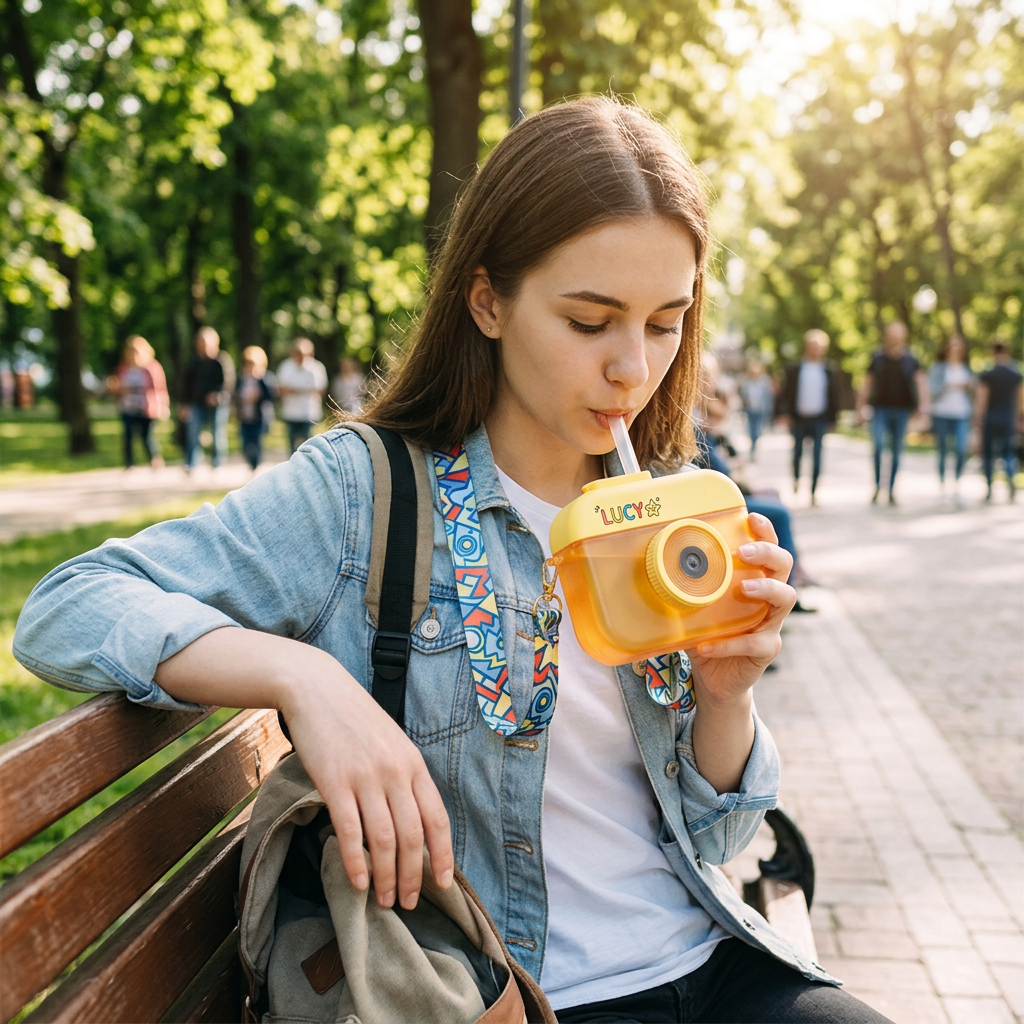 Custom Logo Cute Camera-shaped Straw Bottle
