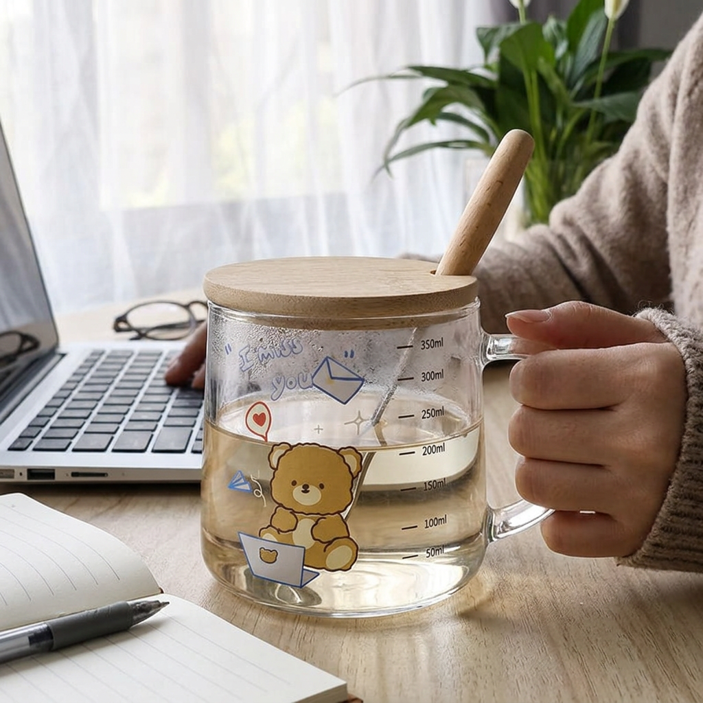 Custom Logo Bamboo Lid Heat-resistant Glass Cup