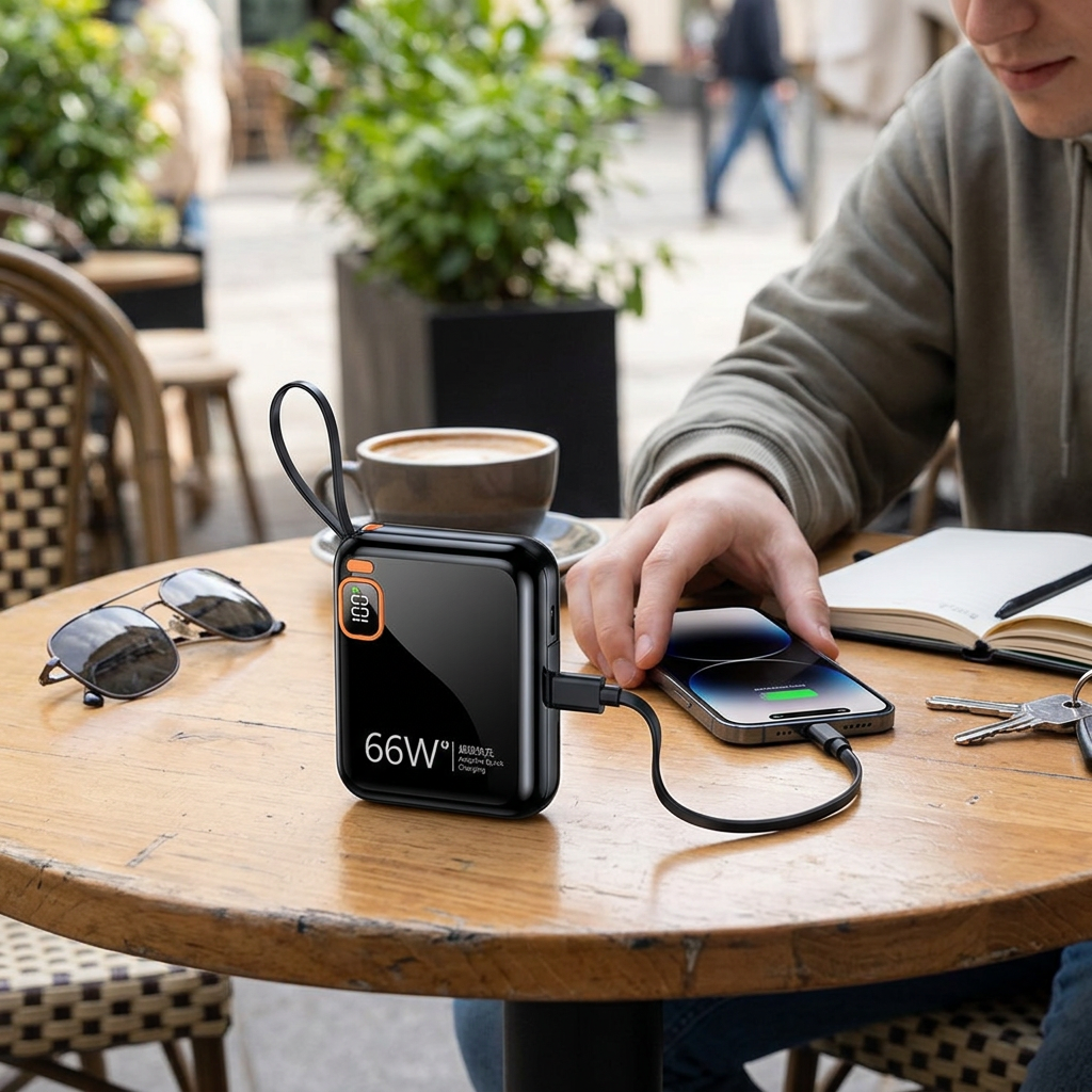Custom Logo Compact Power Bank with Cable Lanyard