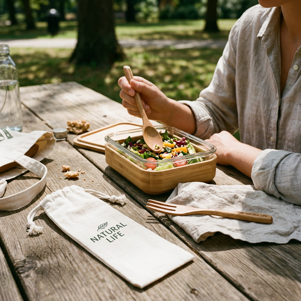 Custom Logo Eco-friendly Wooden Cutlery Set Cotton Drawstring Bag