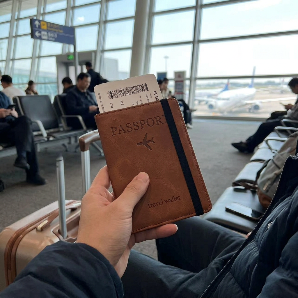 Custom Logo Textured Side Strap Passport Sleeve