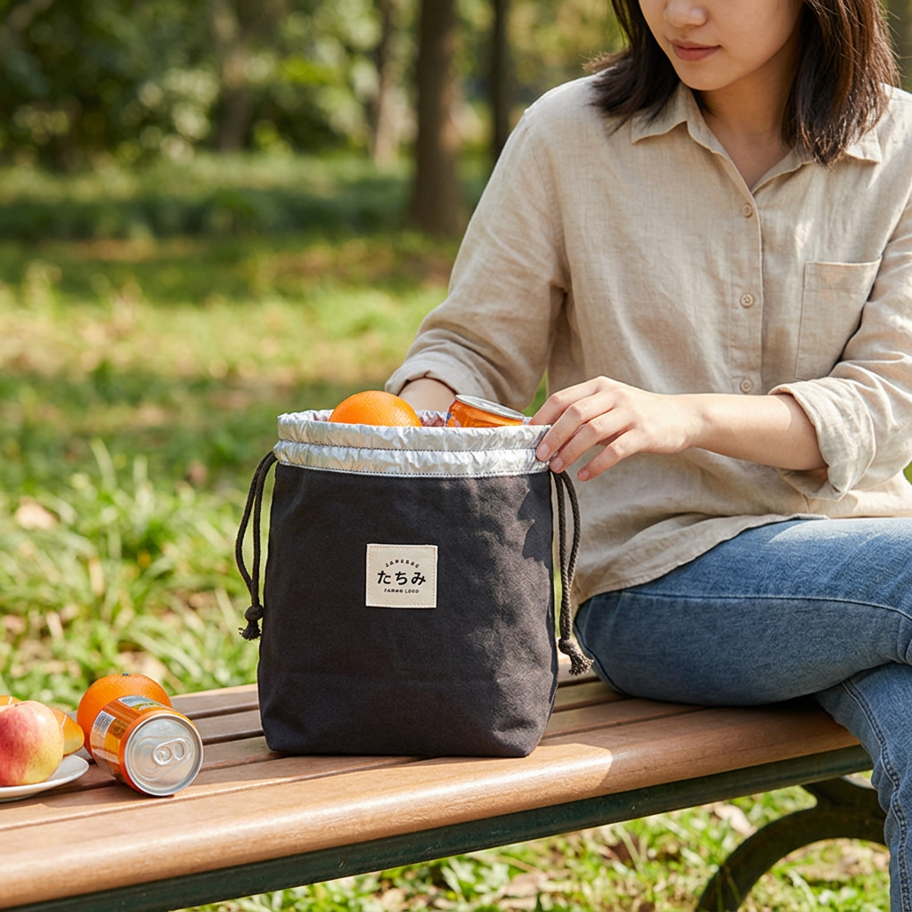 Custom Logo Japanese Canvas Drawstring Insulated Bag