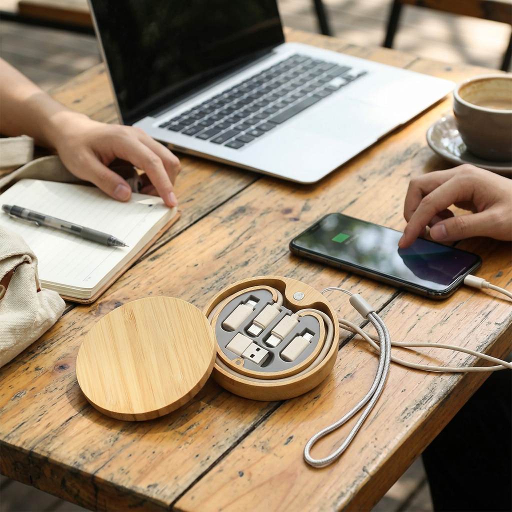 Custom Logo Round Bamboo Wood Wheat Environmental Protection Charging Cable Set
